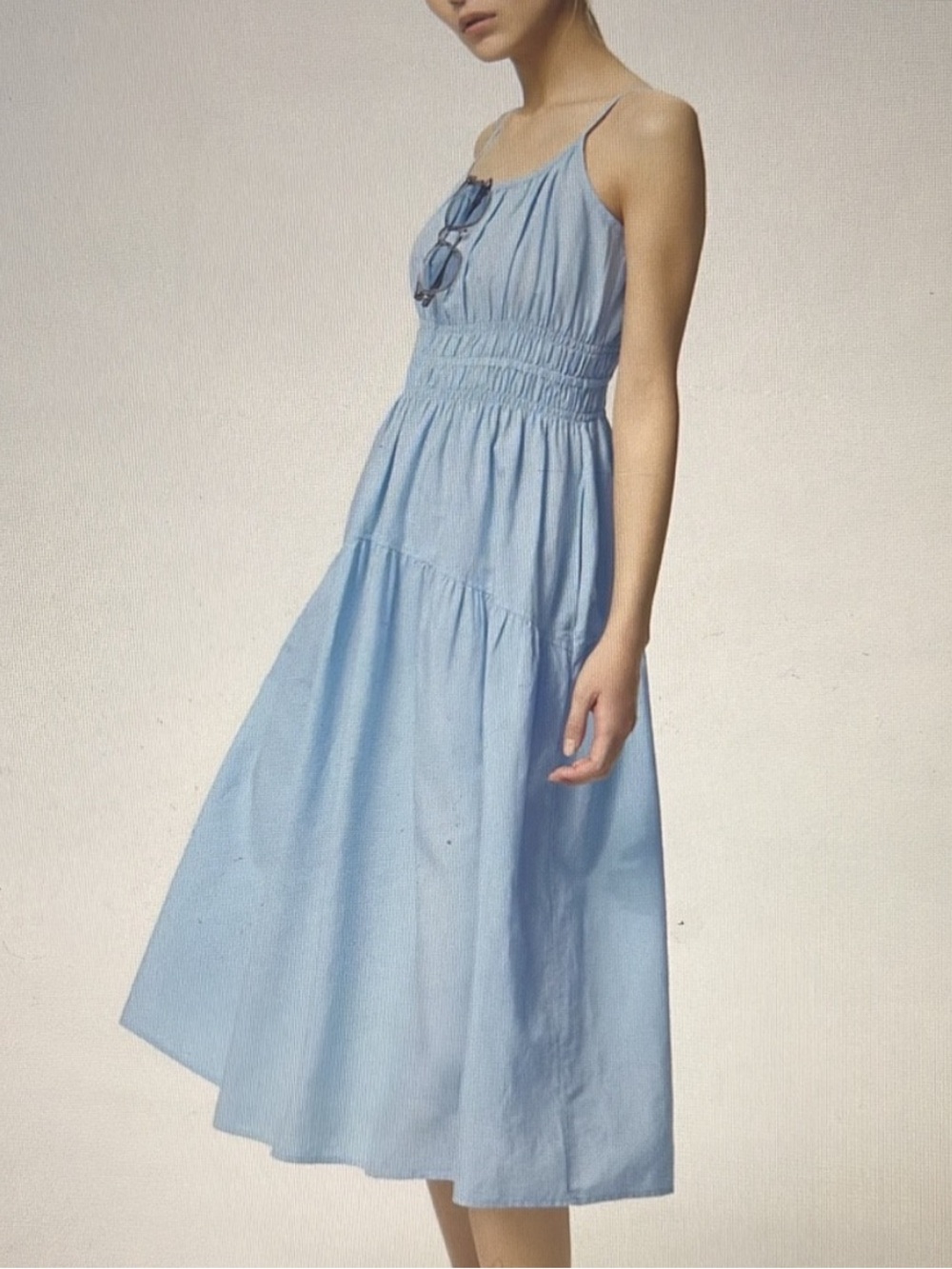 UNIQLO linen blend summer dress S tiered Light Blue